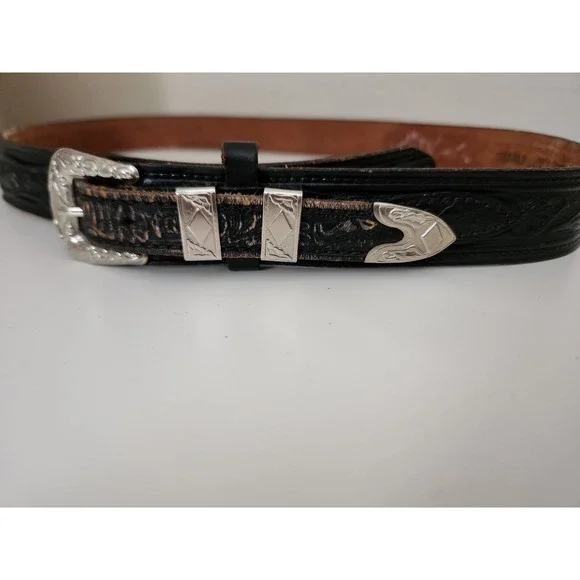 Vintage Tex Tan Tooled Leather BeltSterling Buckle Keepers Tip021862 Size 40
